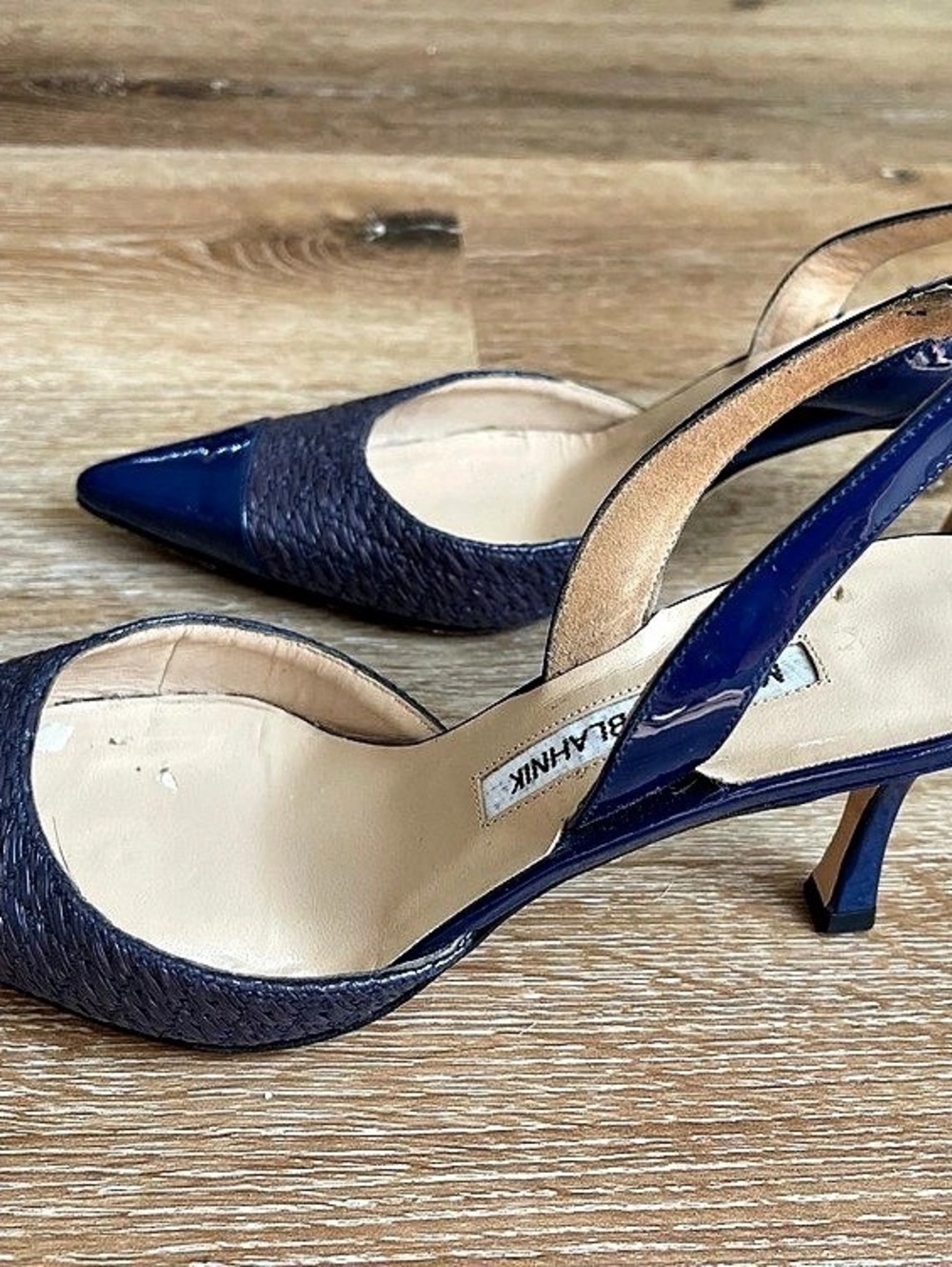 Manolo Blahnik Irie Quilted Patent Leather Cap Toe Slingback Heels Blue EU 36